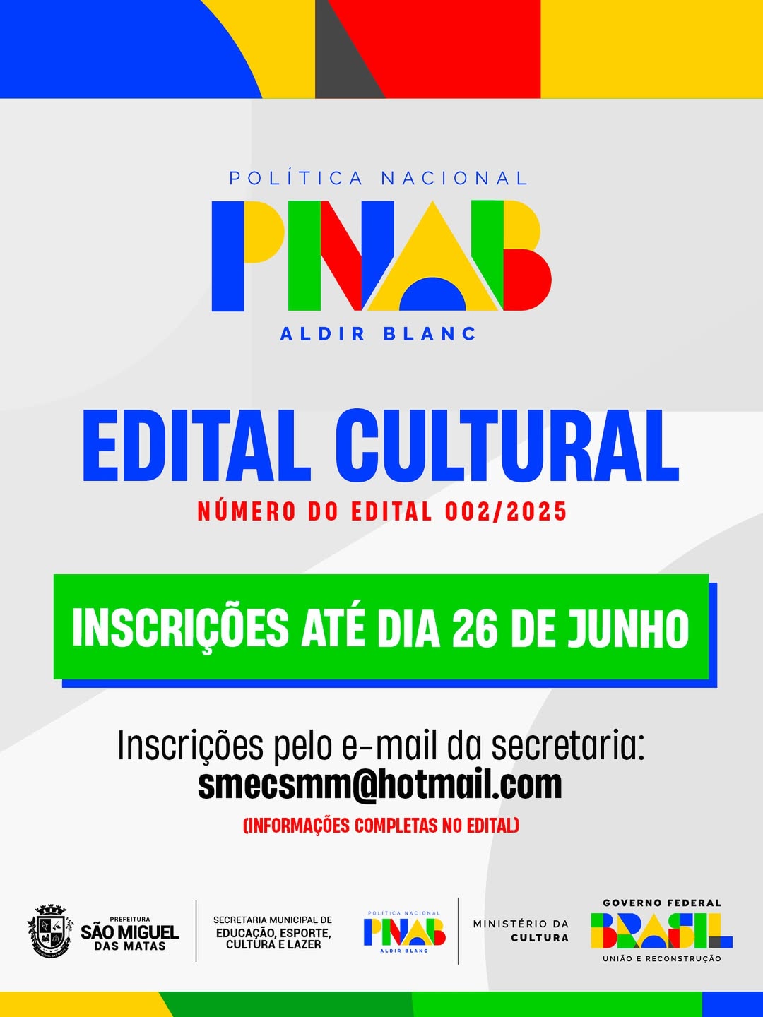Prefeitura de São Miguel das Matas abre inscrições para edital cultural da Política Nacional Aldir Blanc
